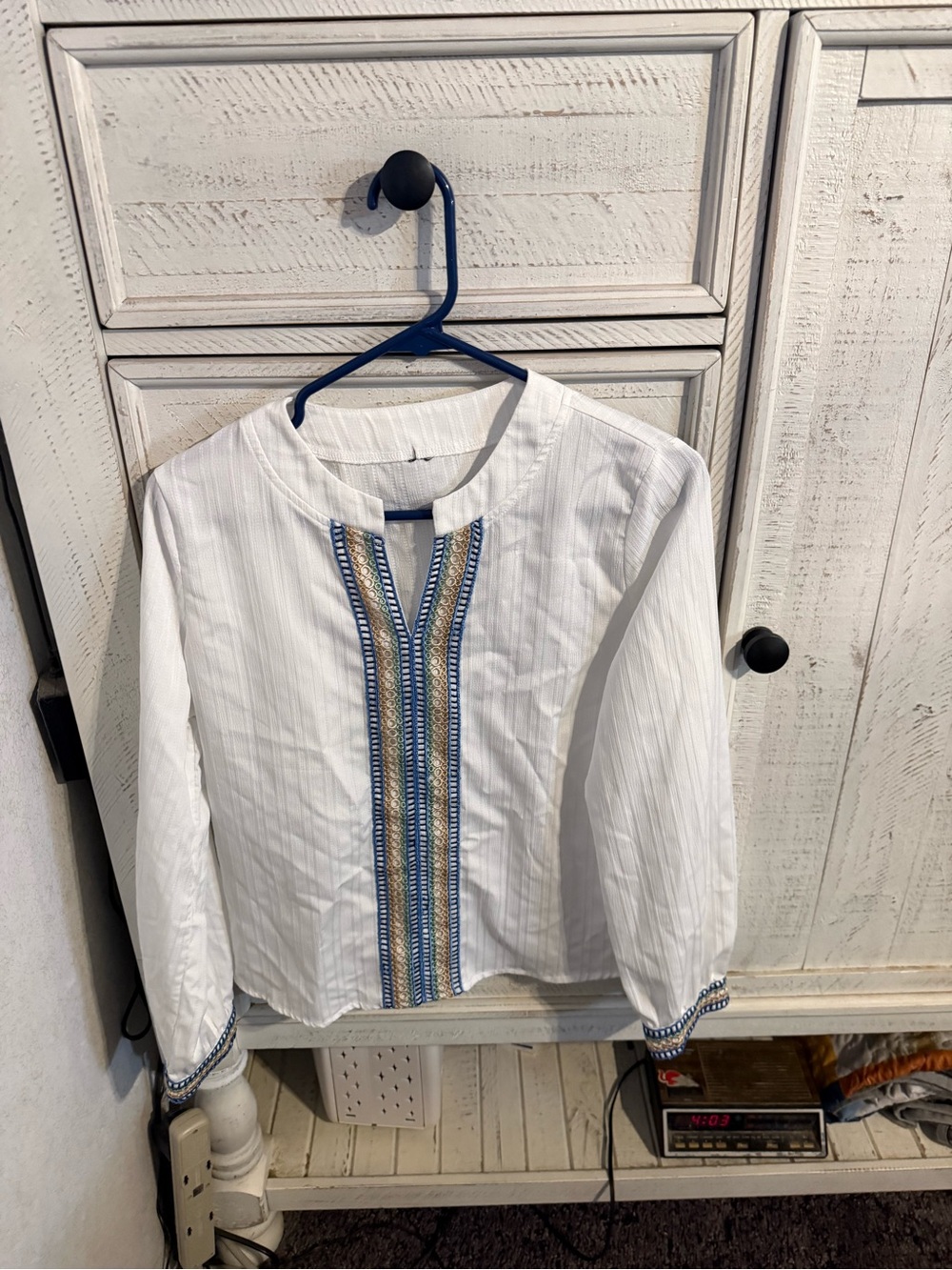 White Embroidered Peasant Blouse with Blue Trim